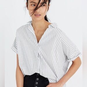 Madewell Courier Button-Back Shirt in Stripe Play XS Blue and White